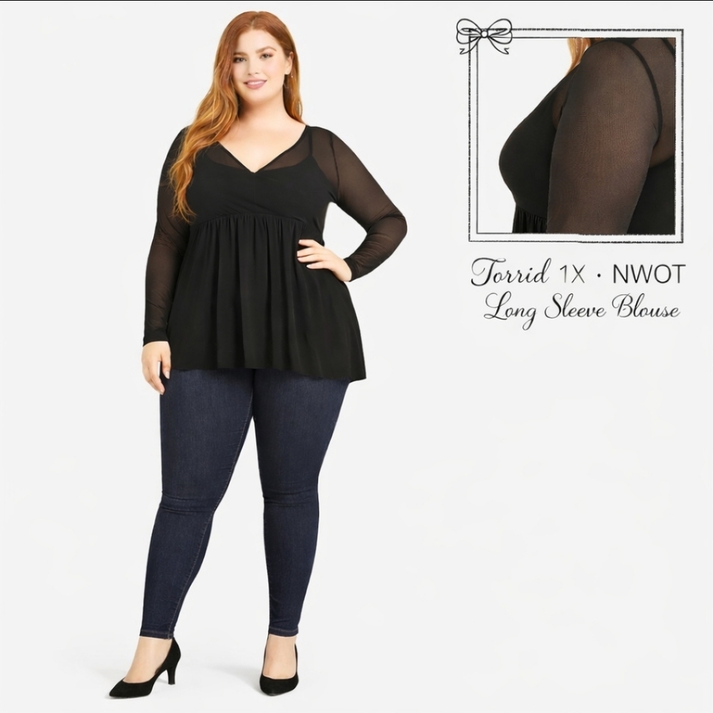TORRID Plus Size black V- neck  longsleeve  sheer  babydoll  knit mesh top 1X